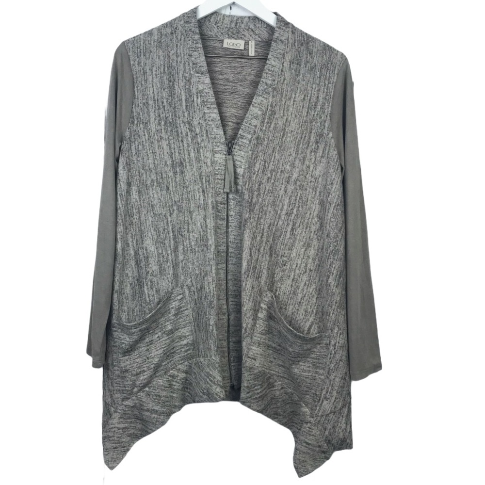 Logo by Lori Goldstein Faux Suede Sleeve Zip Cozy Cardigan Jacket Women Sz S